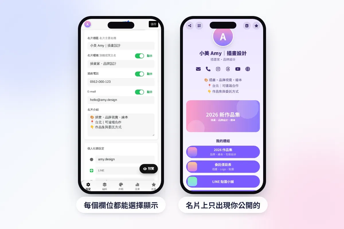 MyLink 個人設定:電話、Email 可以選擇顯示或不顯示