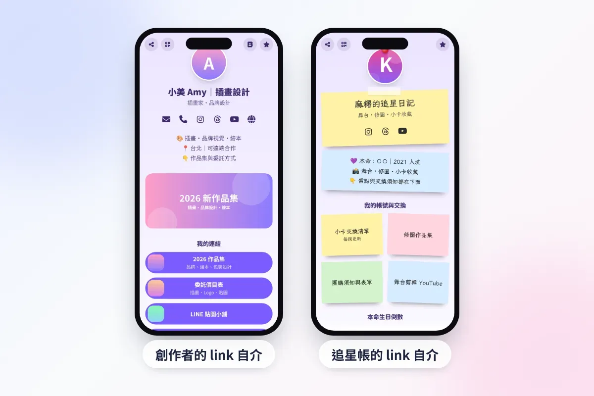 Link 自介頁面範例:自我介紹、社群圖示與連結